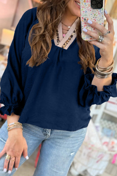 Women's Midnight Blue Leopard Trim V-Neck Flounce Sleeve Blouse