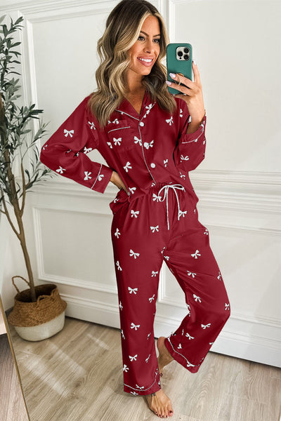 Charming Red Bow Print Women's Two-Piece Sleepwear Set for Cozy Nights and Weekend Relaxation