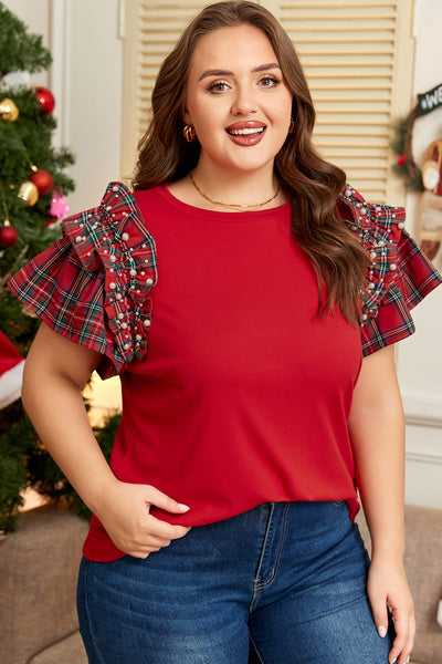 Women's Plus Size Racing Red Ruffle Sleeve Top with Plaid Accents made for easy styling and wardrobe coordination, with premium-like structure and