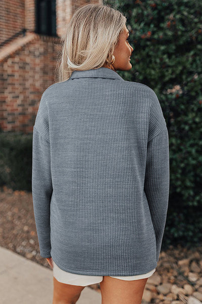 Women's Medium Grey Ribbed Knit Shacket with Button Front & Flap Pockets - Stylish Casual Layer for Effortless Layering
