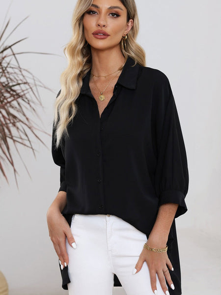Satin Commute Solid Color V Neck Long Sleeved Blouse