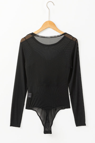 Elegant Women's Black Mesh Long Sleeve Bodysuit - Stylish Slim Fit for Comfort and Versatility in Every Occasion