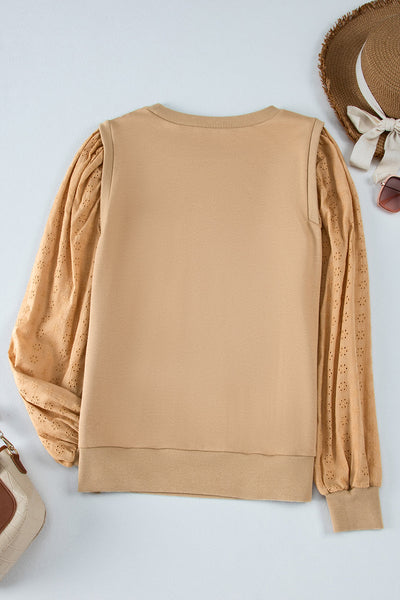 Stylish Women's Pale Khaki Round Neck Sweatshirt with Patchwork Sleeves - Comfortable Casual Top for Everyday Style