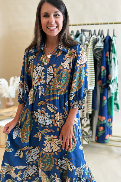 Chic Women's Blue Floral Paisley Midi Dress with Shirt Collar & 3/4 Sleeves Perfect for Stylish Summer Outings