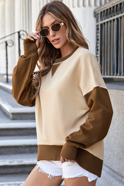 Women's Apricot Color Block Sweatshirt with Thumbhole Sleeves & Drop Shoulder for Stylish Casual Comfort