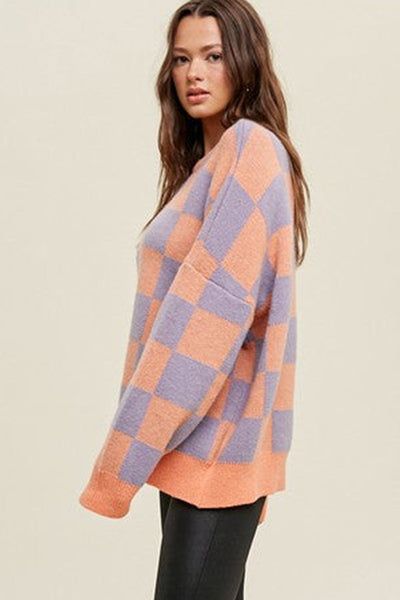 Cozy Baggy Fit Women's Grapefruit Orange Checkered Knit Sweater with Ribbed Trim for Effortless Casual Style
