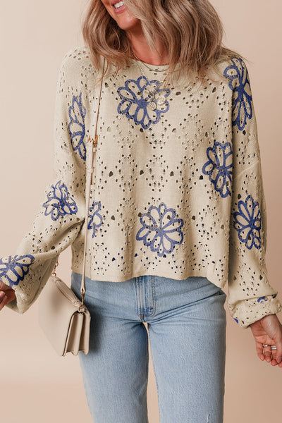 Chic Women's Beige Eyelet Sweater with Floral Print & Drop Shoulder Design for Effortless Casual Style