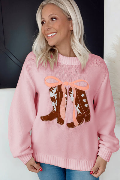 Stylish Women's Pink Graphic Drop Shoulder Sweater with Embroidered Bow Detail - Cozy Fashion Top for Every Occasion