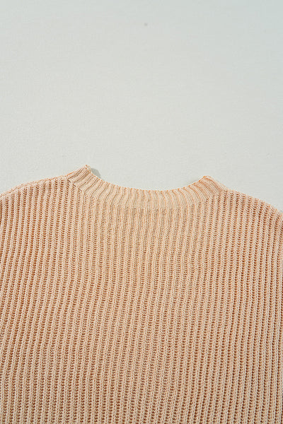 Cozy Women's Apricot Cable Knit Sweater with Drop Shoulders & Side Slits - Relaxed Fit for Effortless Fall Fashion