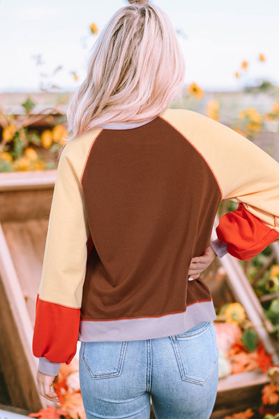 Women‚Äôs Casual Orange Color Block Raglan Sleeve Top with Side Slits - Relaxed Fit for Effortless Style