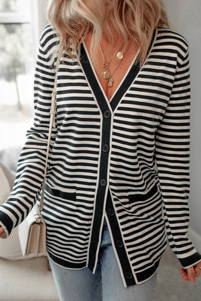 Stylish Women's Black Stripe Long Sleeve Tunic Cardigan Effortless Layering Essential for Chic Outfits