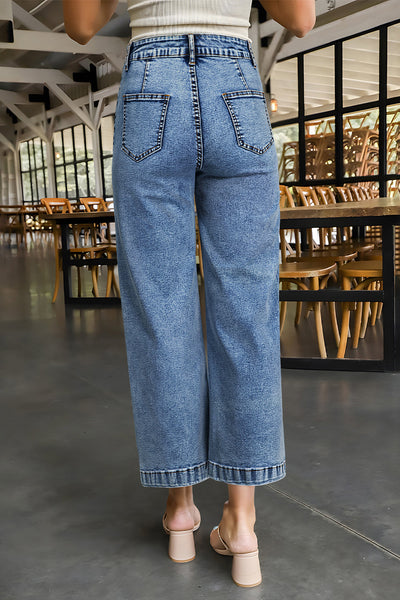 Women's Sky Blue High-Rise Patch Pocket Straight Leg Jeans