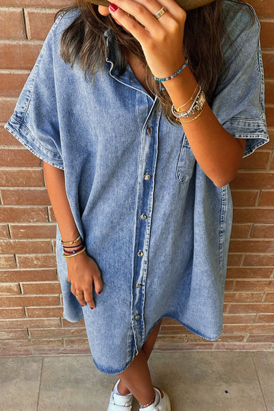 Denim Shirt Dress with Button Pockets