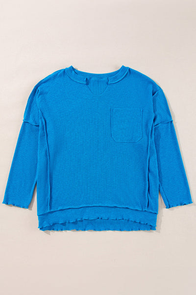 Women's Stylish Blue Ribbed Long Sleeve V-Neck Knit Top with Exposed Seams - Comfortable Everyday Essential