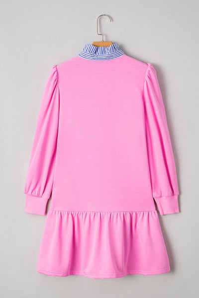 Trendy Plus Size Women's Pink Ruffled Mini Dress with Striped Collar & Sleeves - Chic Patchwork Style for Any Occasion