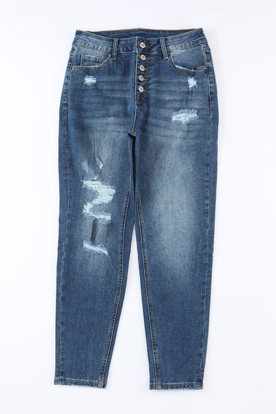 Retro Rolled Hem Single-Breasted Closure Straight Loose Casual Jeans