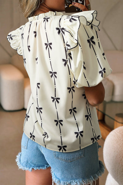 Women's Bow Print Ruffle Shoulder Puff Sleeve Blouse in Cream