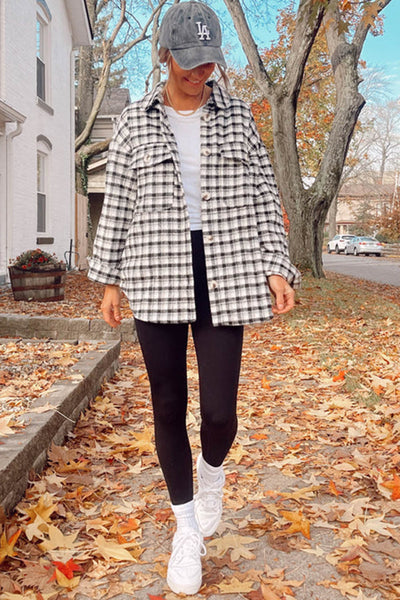 Stylish Oversized Women's Black Plaid Shacket Tunic with Button Details and Chest Pockets for Effortless Casual Chic