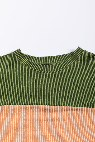 Stylish Women's Green Color Block Ribbed Long Sleeve Top - Relaxed Fit for Comfortable Everyday Casual Wear