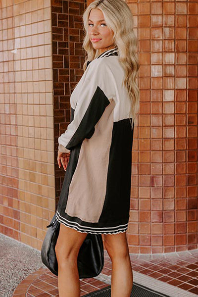 Women's Stylish Black Color Block Long Sleeve Mini Dress with Quarter Zip Comfy Fit for Casual Outings and Events