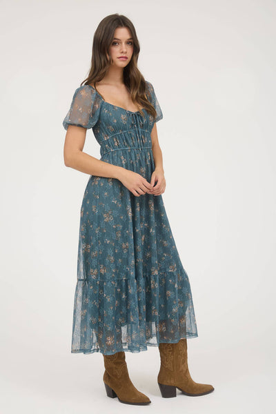 Twilight Garden Dress | Chiffon Puff Sleeve Midi Dress