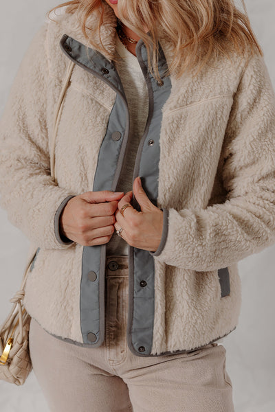 Cozy Women's Oatmeal Sherpa Fleece Winter Jacket with Snap Buttons & Contrast Trim for Ultimate Warmth and Style