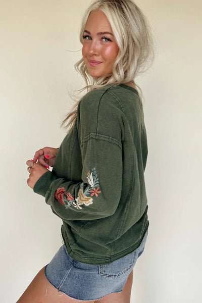 Women's Casual Mist Green Floral Embroidered Sweatshirt with Drop Shoulders and Raw Edge Detail