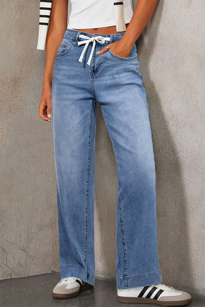 Light Blue Lace-Up Straight Leg Jeans for Women - Casual Chic Denim with Zip Fly for Effortless Everyday Style