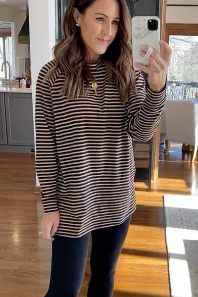 Women's Casual Chic Black Striped Long Sleeve Top with Side Splits - Loose Fit for Everyday Wear