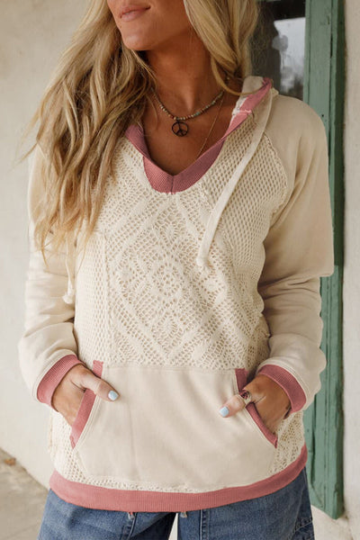 women's white crochet knit hoodie with contrast trim and exposed seams - stylish patchwork design for everyday wear made for easy styling and wardrobe