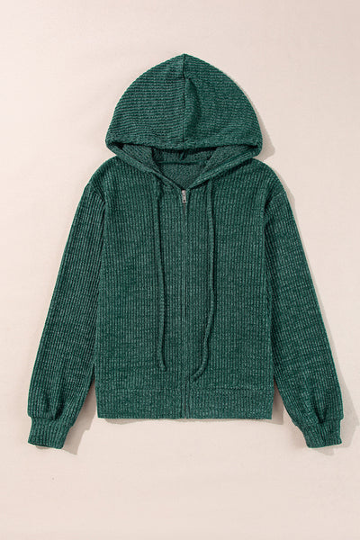Cozy Women's Evergreen Ribbed Zip-Up Hoodie with Drawstring, Casual Fit for Everyday Style and Comfort