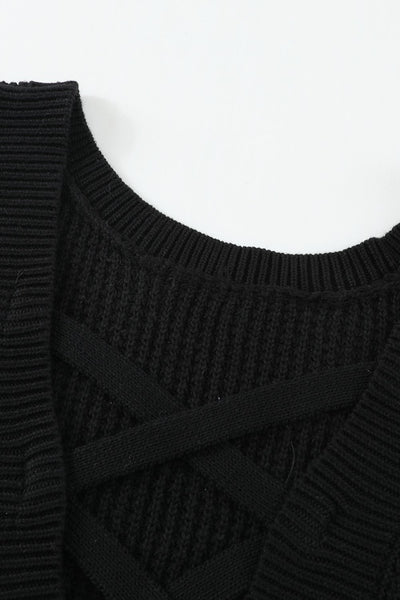Trendy Women's Black Cross-Back Hollow-Out Sweater - Lightweight Knit Top for Chic Layering and Everyday Comfort