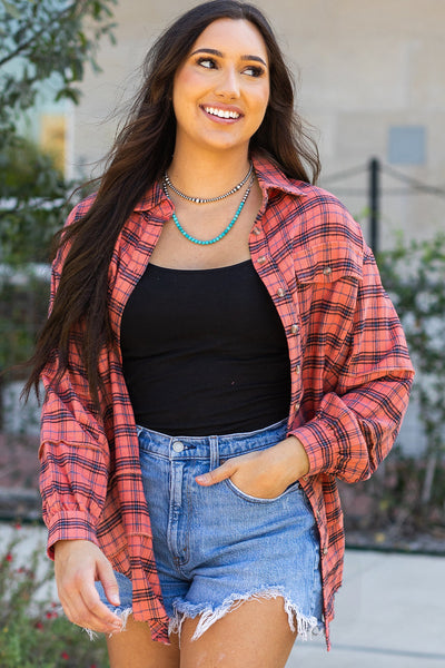 Trendy Women's Red Plaid Long Sleeve Shirt with Side Split and Distressed Hem for Casual Chic Style