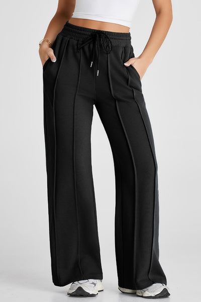 Women's Black High-Waist Wide-Leg Seamed Sweatpants