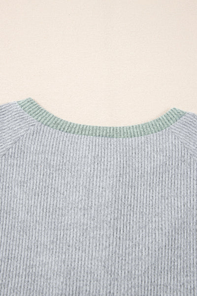 Women's Casual Light Grey Ribbed Long Sleeve Top with Color Contrast - Relaxed Fit for Effortless Everyday Style