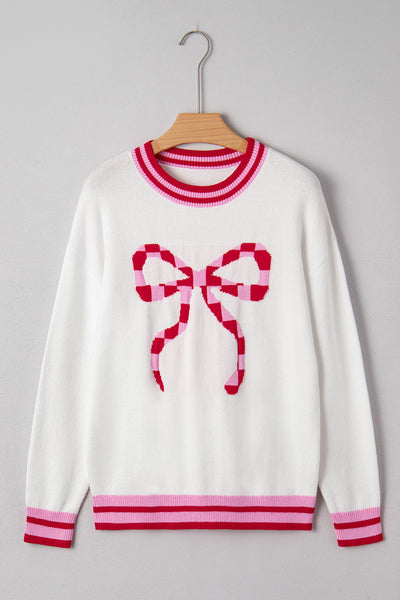 Women's Intarsia Bow Graphic Knit Sweater in White and Crimson