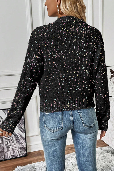 Chic Women's Black Rhinestone Confetti Sweater Cardigan - Cozy Fit for Everyday Style and Glamour