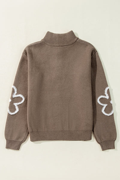 Trendy Women's Half-Zip Floral Sweater in Parchment with Stand Neck - Cozy Fall Essential for Stylish Outfits