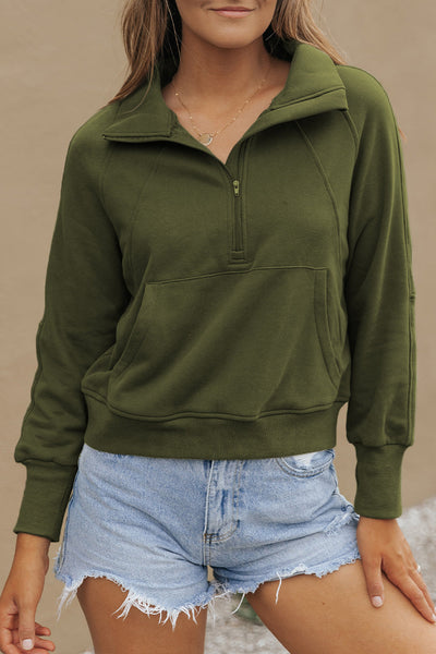 Women's Cozy Green Fleece-Lined Zip-Up Sweatshirt with Stand Collar & Thumbhole Sleeves for Ultimate Comfort