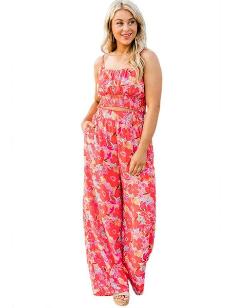 Women's Tropical Leaf Print Two-Piece Crop Top and Wide-Leg Pant Set