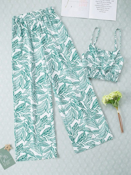 Women's Tropical Leaf Print Two-Piece Crop Top and Wide-Leg Pant Set