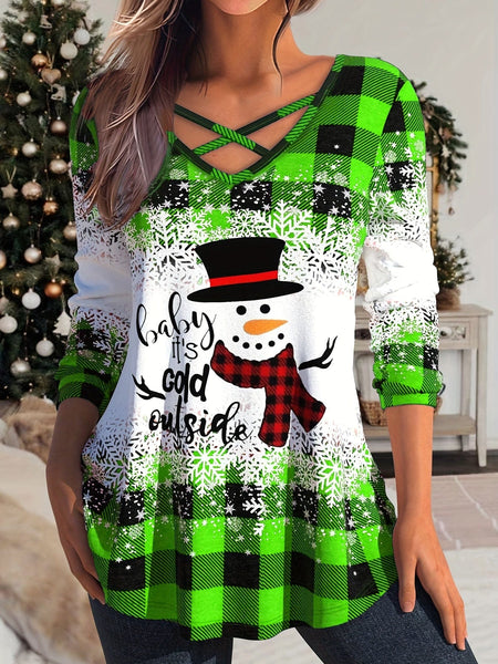 Festive Plus Size Colorblock Gingham Print V-Neck Criss Cross Top