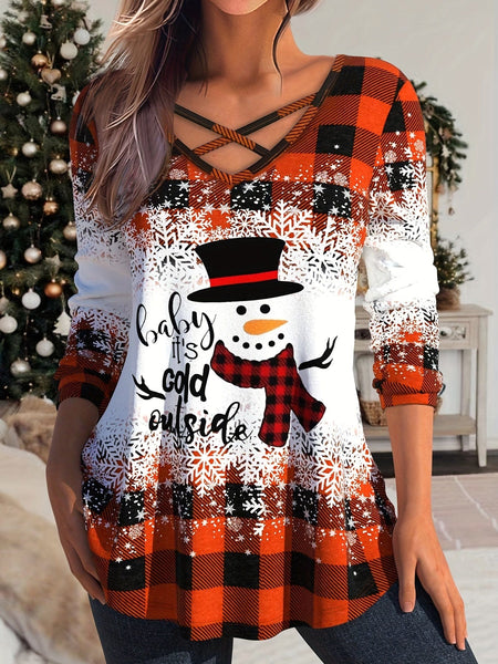 Festive Plus Size Colorblock Gingham Print V-Neck Criss Cross Top