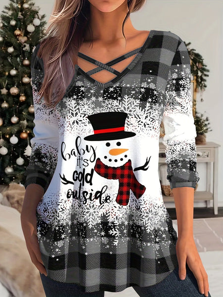 Festive Plus Size Colorblock Gingham Print V-Neck Criss Cross Top