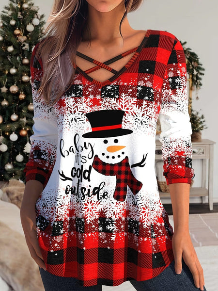 Festive Plus Size Colorblock Gingham Print V-Neck Criss Cross Top