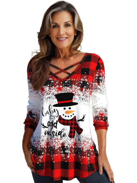 Festive Plus Size Colorblock Gingham Print V-Neck Criss Cross Top