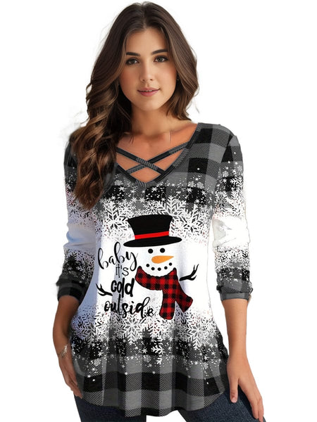 Festive Plus Size Colorblock Gingham Print V-Neck Criss Cross Top