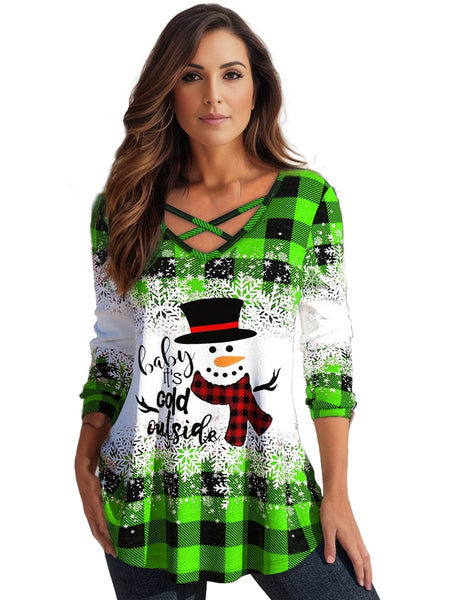 Festive Plus Size Colorblock Gingham Print V-Neck Criss Cross Top
