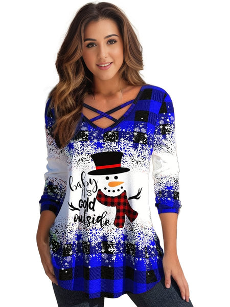 Festive Plus Size Colorblock Gingham Print V-Neck Criss Cross Top