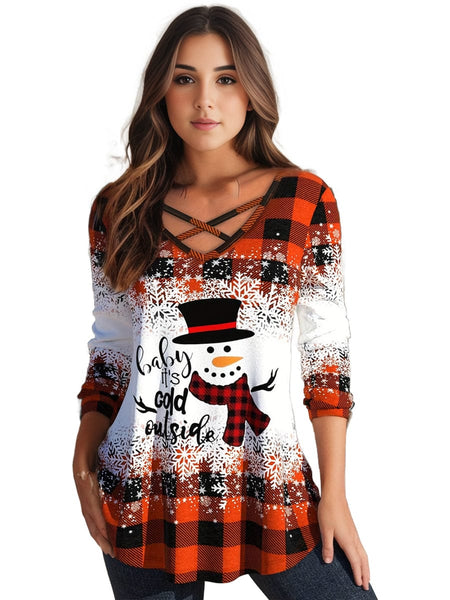 Festive Plus Size Colorblock Gingham Print V-Neck Criss Cross Top